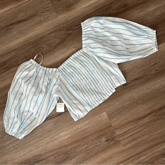 True Destiny White Blue Stripe Front Button Crop Puff Sleeve Top Women MediumNWT - Picture 7 of 7